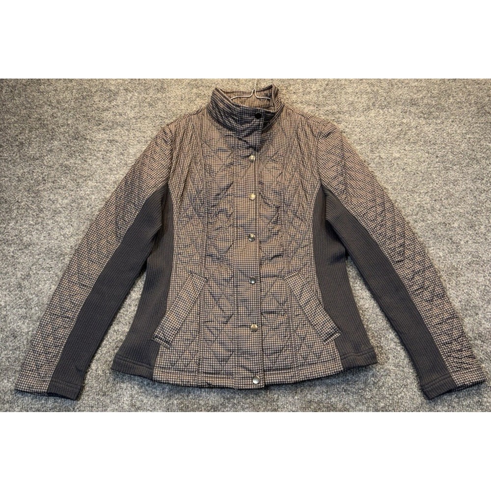 Merona Women's M Brown Houndstooth Quilted Jacket Snap Front Rib Knit Stretch